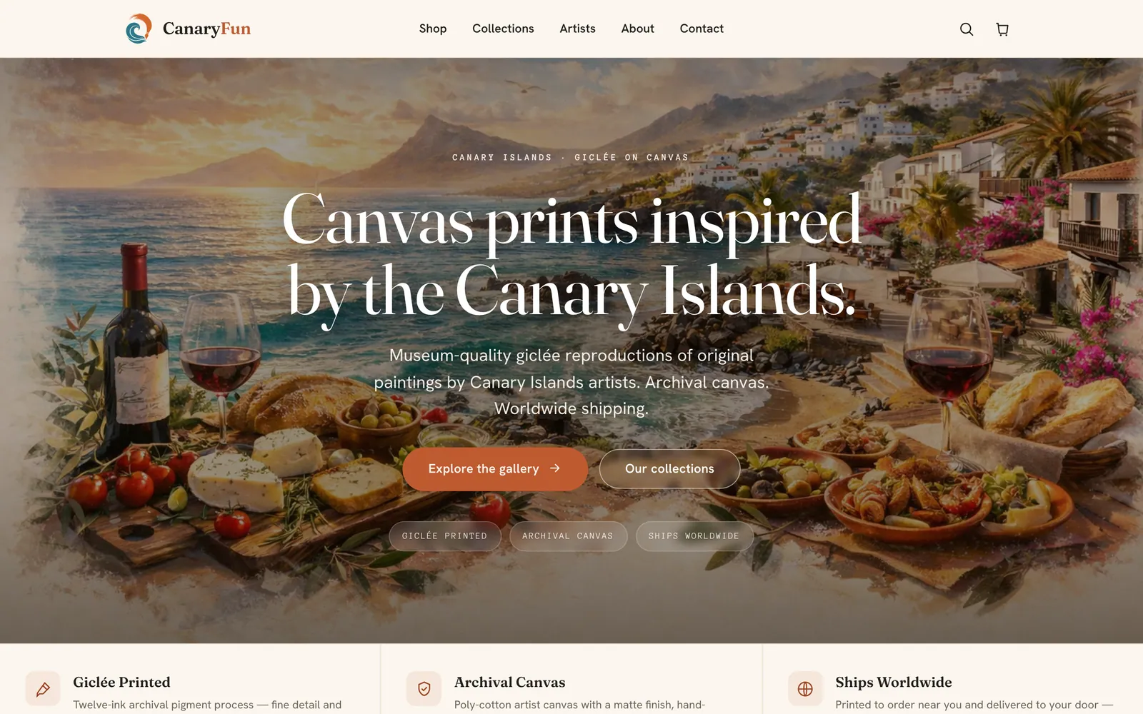 CanaryFun — A giclée canvas-art store for Canary-Islands painters, fulfilled print-on-demand.